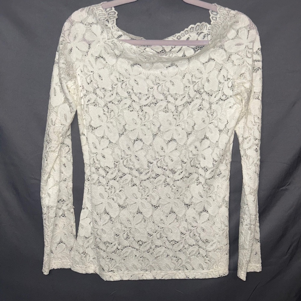 Patty Boutik White Floral Lace Scalloped Neck Long Sleeve Top XL